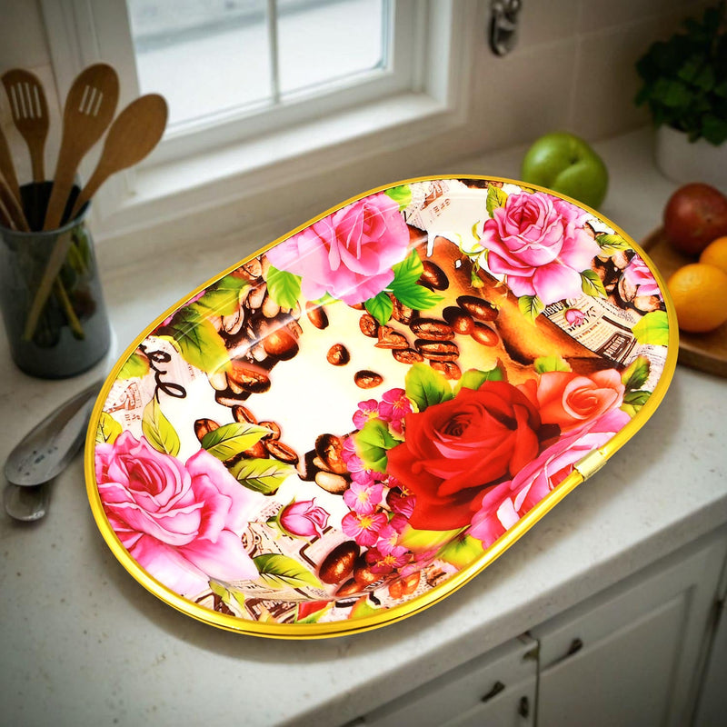 Plastic Flower Printed Design Serving Tray (3 Pcs Set  Mix Color)