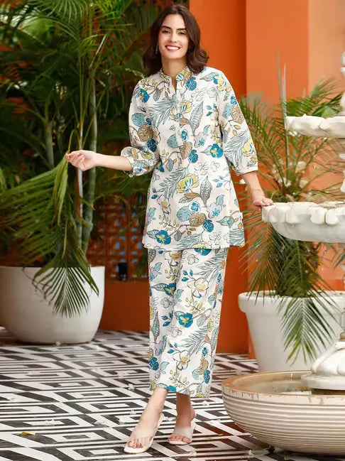 Off White Floral Print Kurti With Palazzos
