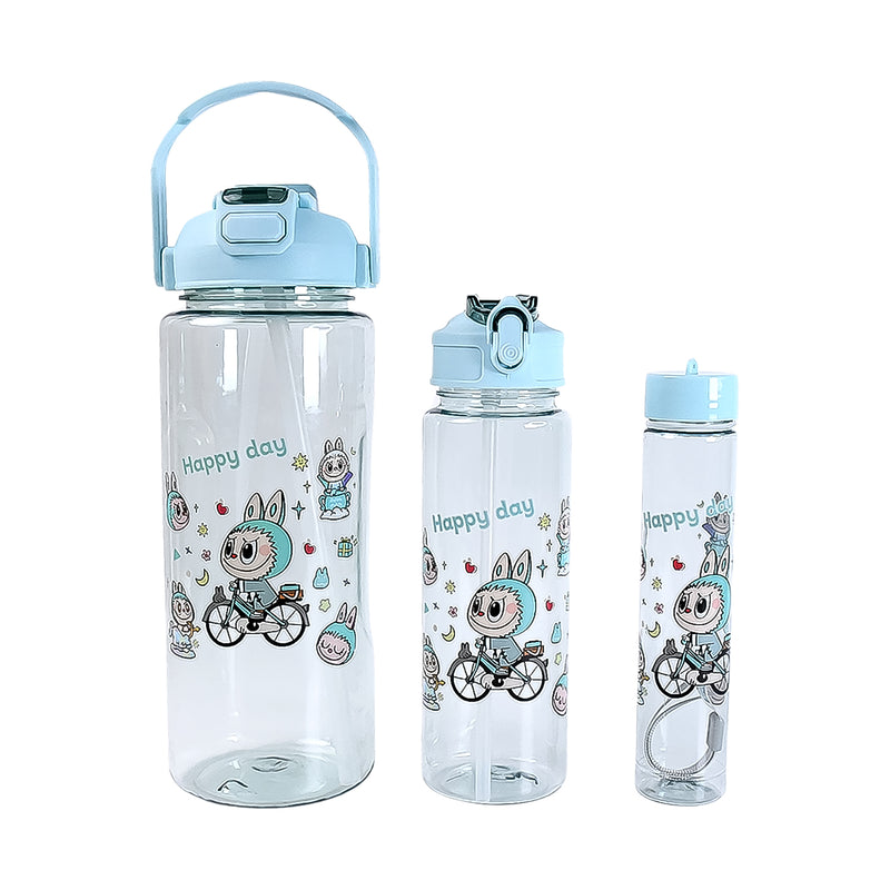 3 In 1 Plastic Water Drinking Bottle With Handle Straw  (3 Pcs Set)