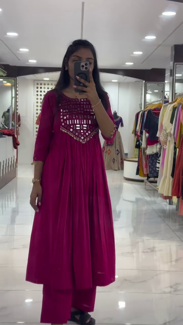 Trendy Magenta Kurta with Geometric Cut-Out Detail and Coordinated Palazzo Pants