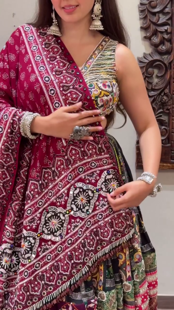 Multicolored Handcrafted Patchwork Lehenga Choli Set with Intricately Embroidered Blouse and Rich Bandhani Dupatta for Garba Nights and Wedding Wear