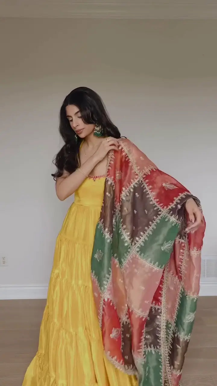 Bright Yellow Halter Neck Tiered Anarkali Gown