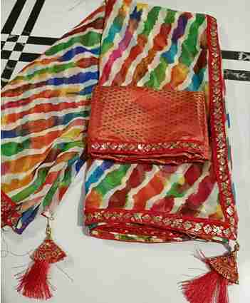 Pure Georgette Lahariya saree, embroiderie lace & Blouse