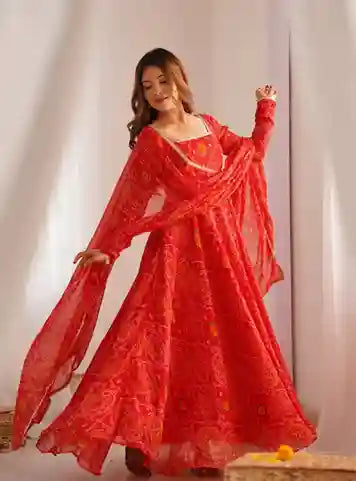 Function Wear Rani Pink Color Pure Soft Lightweight Chiffon Bandhej Fabric Designer Gown