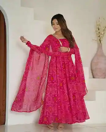 Function Wear Rani Pink Color Pure Soft Lightweight Chiffon Bandhej Fabric Designer Gown