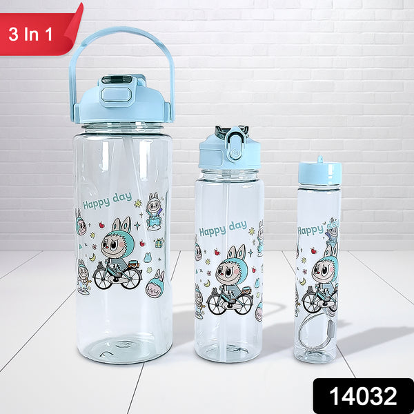 3 In 1 Plastic Water Drinking Bottle With Handle Straw  (3 Pcs Set)