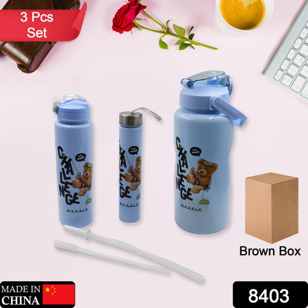 8403 Plastic Water Bottle 3pc Set3  Different Size Bottle High Quality Water Bottle Plastic Water Bottle Bpa-free  Leak-proof  Cartoon Printed Design For Kids School For Fridge Office Sports School Gym Yoga (3 Pc Set)