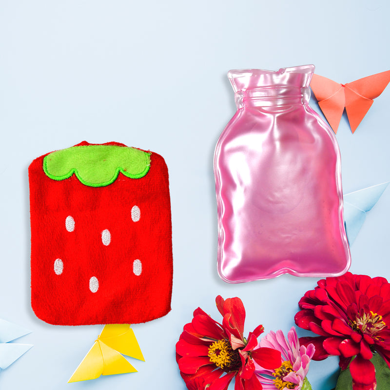 6516 Strawberry Small Hot Water Bag With Cover For Pain Relief Neck Shoulder Pain And Hand Feet Warmer Menstrual Cramps.