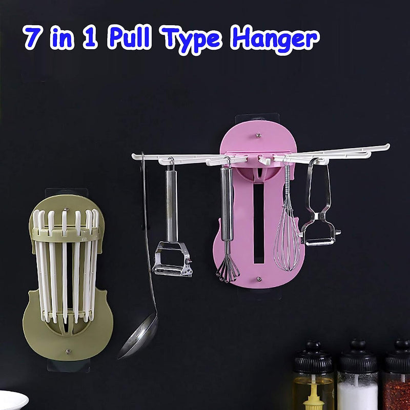 7728 Plastic 7-in-1 Multifunction Retractable Wall-mounted Pull-out Hanger Rack Without Punching Hooks Up For Kitchen Bathroom