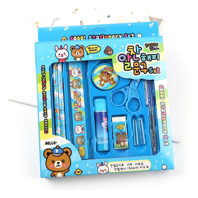 7959 10 Pcs Set Stationary Set Including Pencil Ruler Rubber Pencil Sharpener Glue Ballpoint Pen Scissors Pencil Cover School Office Product Gift