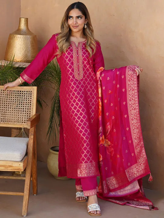 Floral Woven Design Regular Kurta With Trousers & Dupatta