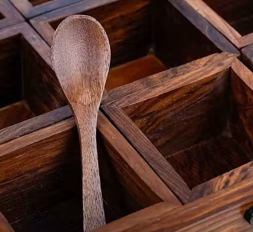 Timbercraft Wooden spice box 9 jars made with shesham wood Spice Box with 1 Spoons – Masala Box/Masala Dabba/Masala Container/Masala Dabba Organizer for Kitchen | Decorative Handmade Wooden Storage Box (Brown).