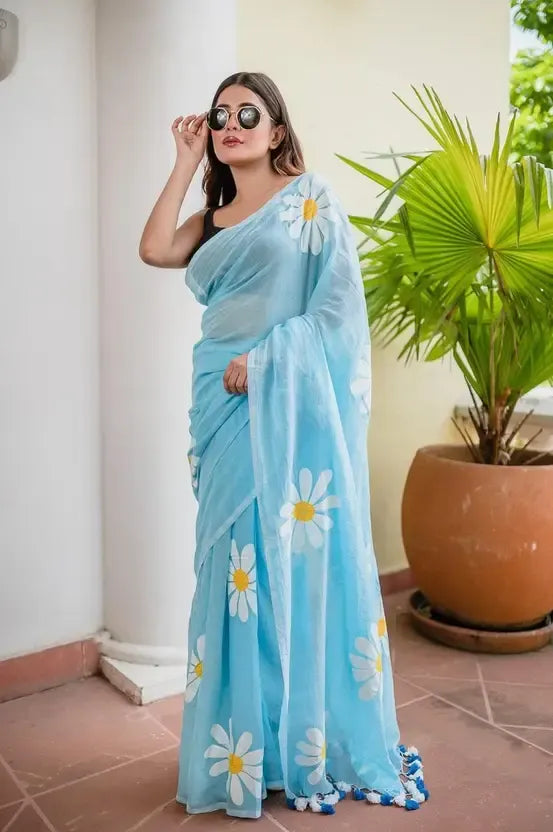 Floral Print Bollywood Cotton Blend Saree