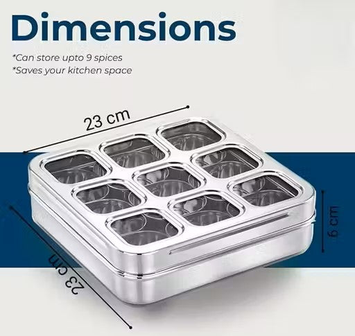 Square Stainless Steel Spice Box, Organiser With 9 Compartment, Masala Container