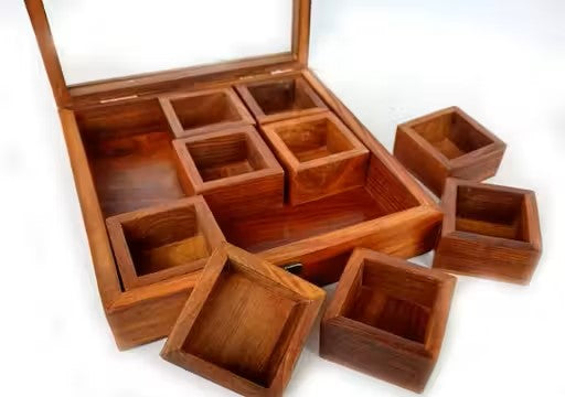 Timbercraft Wooden spice box 9 jars made with shesham wood Spice Box with 1 Spoons – Masala Box/Masala Dabba/Masala Container/Masala Dabba Organizer for Kitchen | Decorative Handmade Wooden Storage Box (Brown).