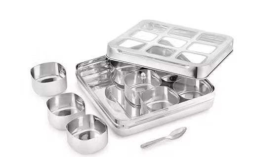 Square Stainless Steel Spice Box, Organiser With 9 Compartment, Masala Container
