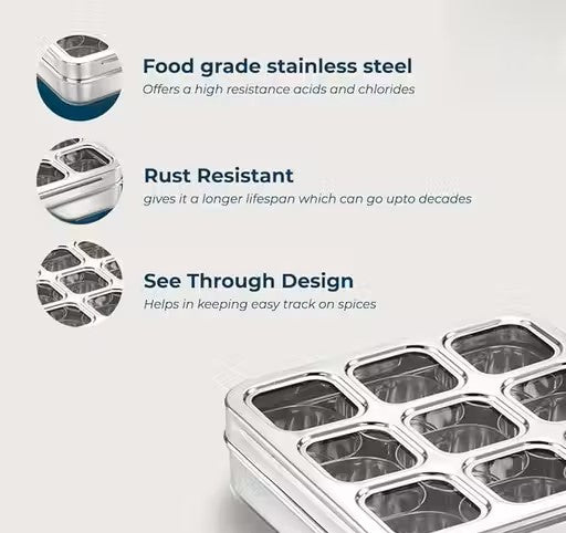 Square Stainless Steel Spice Box, Organiser With 9 Compartment, Masala Container