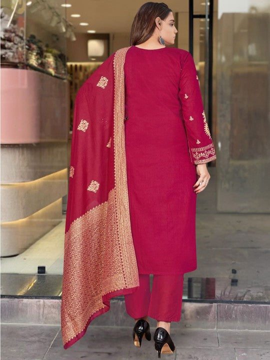 Floral Embroidered Straight Kurta With Trousers & Dupatta