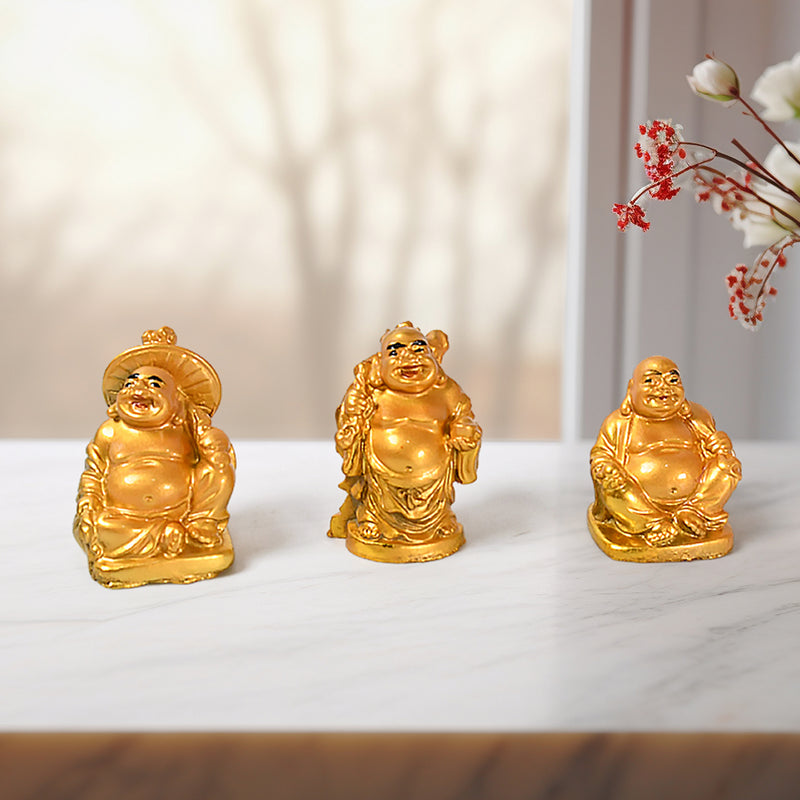 17924 Golden Laughing Buddha Set Of Six Pieces Statue For Happiness Wealth  Good Luck Decor For Wealth And Success (6 Pcs Set)