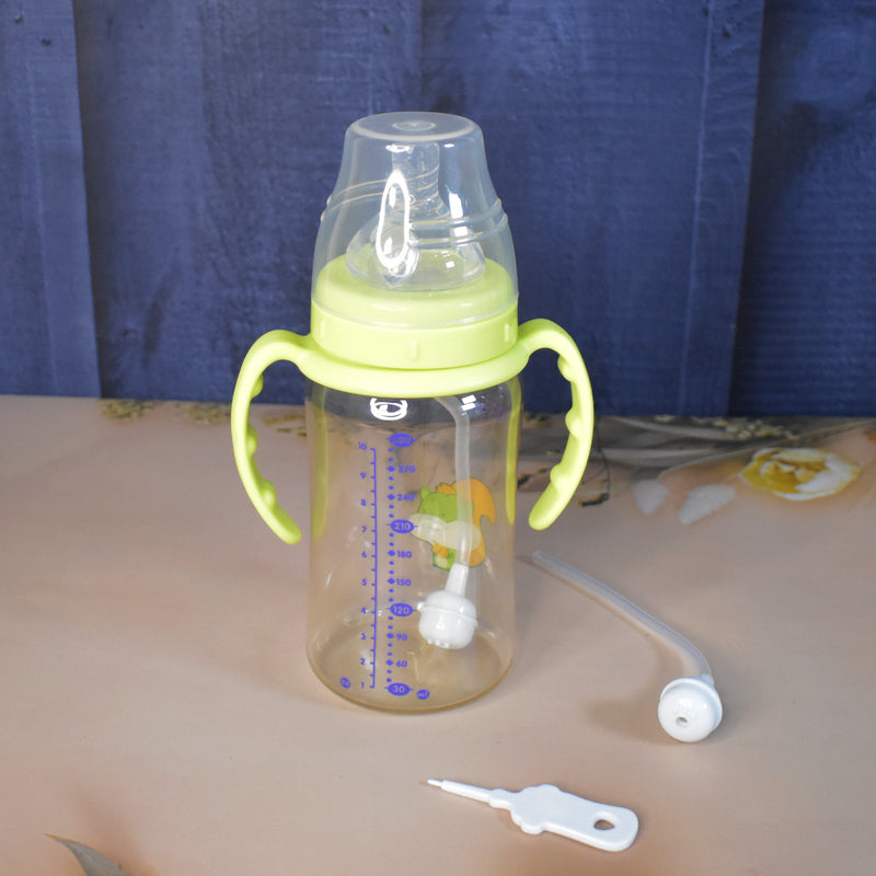 Plastic Baby Feeding Bottle With Handles Cleaning Brush  Straw (300 Ml  1 Pc)