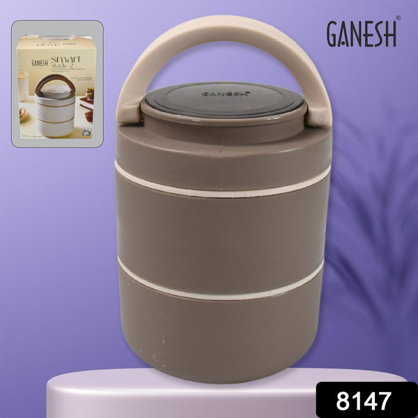 8147 Ganesh Smart Stack 2 Layer Protable Lunch Box Stainless Steel Airtight Leak-proof Lunch Box For Office School Picnic - Color May Vary