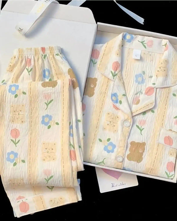 Women’s Cotton Pajama Set with Top & Pants Korean Night Suit