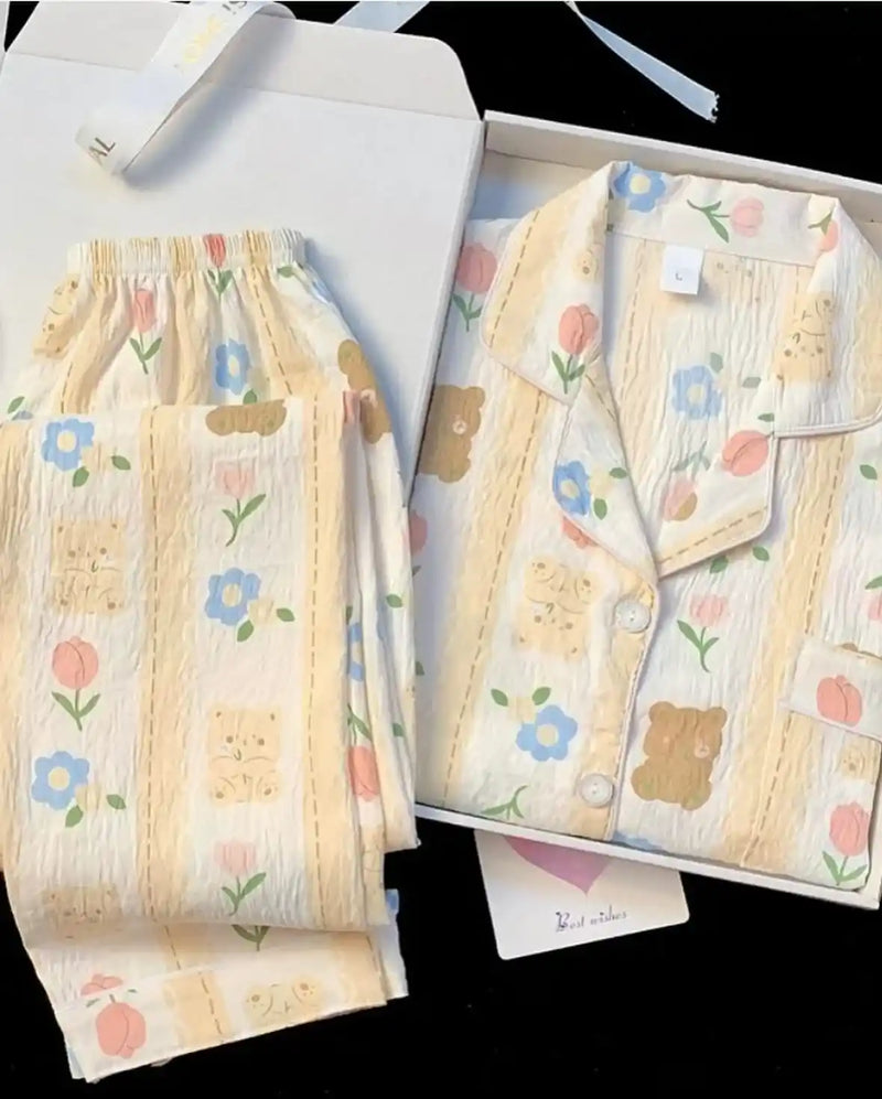 Women’s Cotton Pajama Set with Top & Pants Korean Night Suit