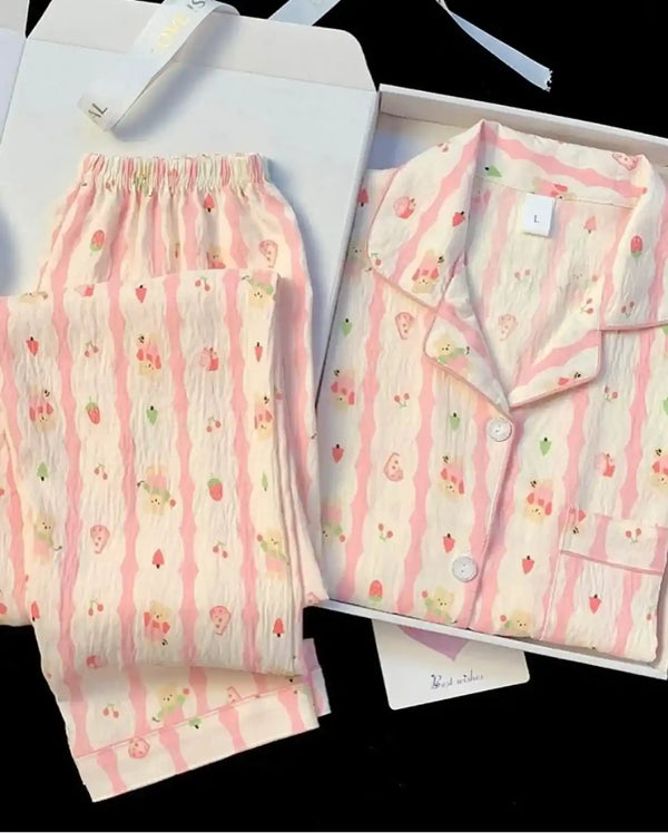 Women’s Cotton Pajama Set with Top & Pants Korean Night Suit