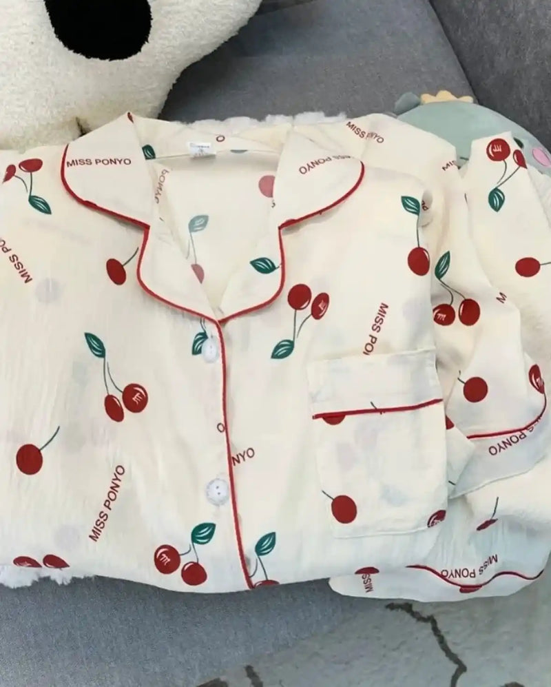 Women’s Cotton Pajama Set with Top & Pants Korean Night Suit