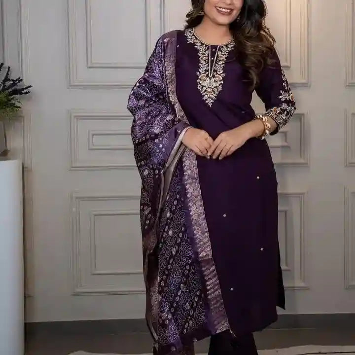 Premium Roman Silk Kurti Pant Dupatta Set