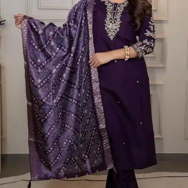 Premium Roman Silk Kurti Pant Dupatta Set