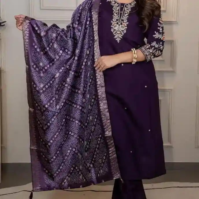 Premium Roman Silk Kurti Pant Dupatta Set