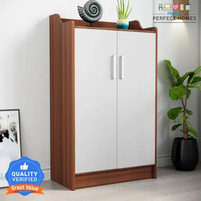 Wood Shoe Rack  (MELAMINE SP WALNUT & FROSTY WHITE, 6 Shelves, Knock Down)