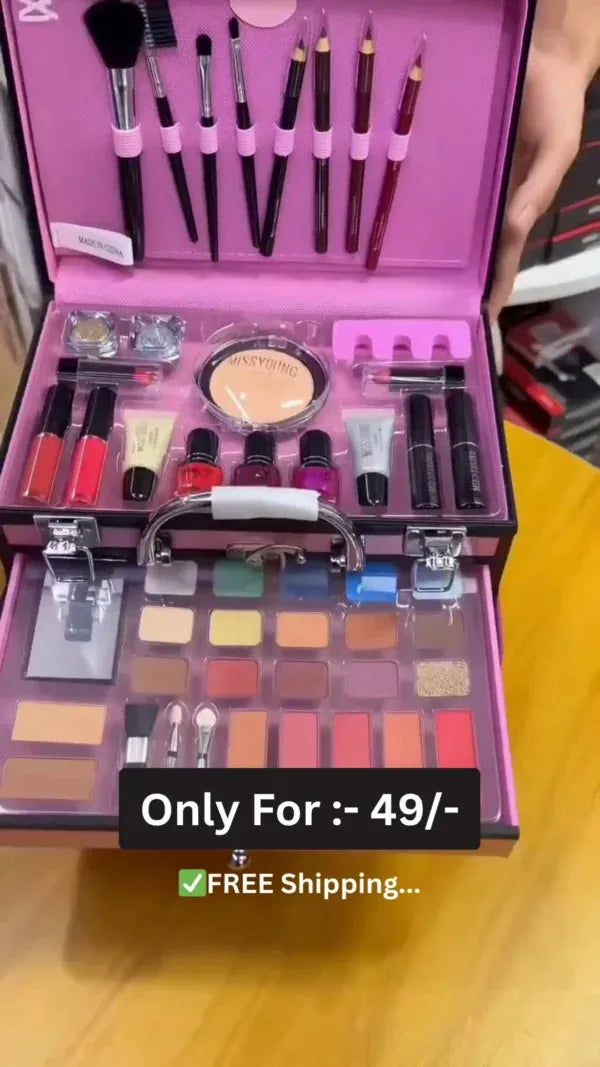 All-in-One Professional Makeup Kit Box with Eyeshadows, Lipsticks, Nail Paints, Brushes, Blushers, Foundation, Kajal, Eyeliners, and Beauty Tools – Complete Cosmetic Set for Women and Girls