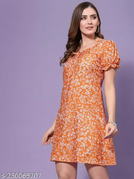 Women's Floral Round Neck Orange Dresses