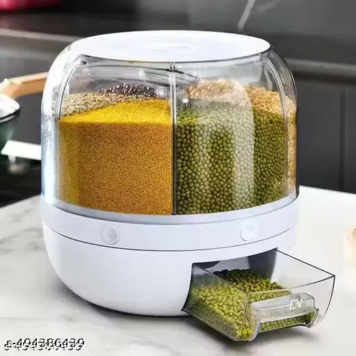 6-Grid Rotating Food Dispenser - Stackable Cereal, Rice, and Grain Storage Container with Measuring Cup