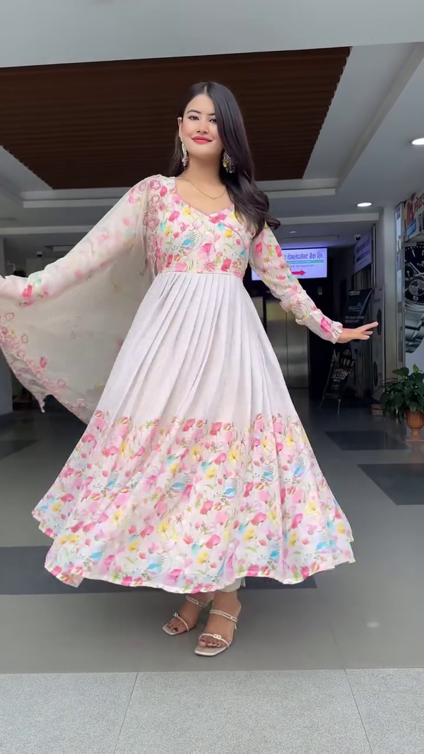 Floral Printed Anarkali Suit with Full Sleeves, Matching Dupatta, and Flared Hem – Ideal for Festive, Casual, or Traditional Occasions