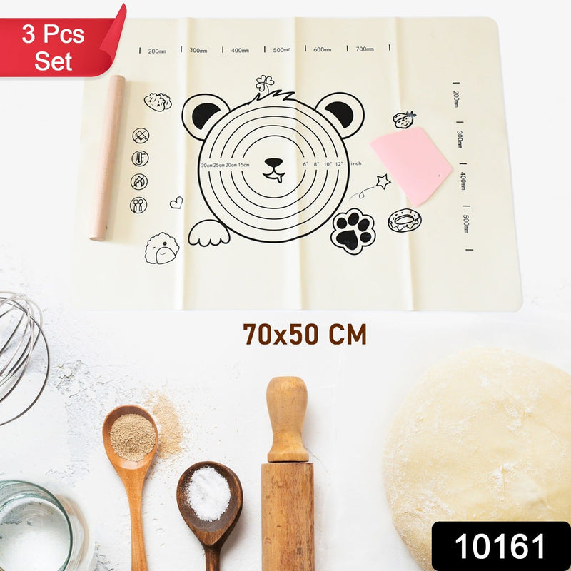 3 In 1 Low Silicone Baking Mat With Wooden Belan  Cake Scraper (3 Pcs Set  7050 Cm)