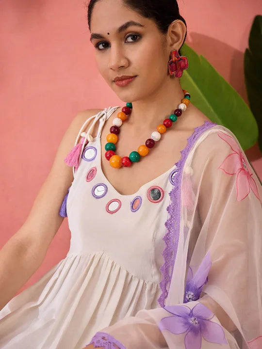 Embroidered Shoulder Straps Anarkali Kurta With Trousers & Dupatta