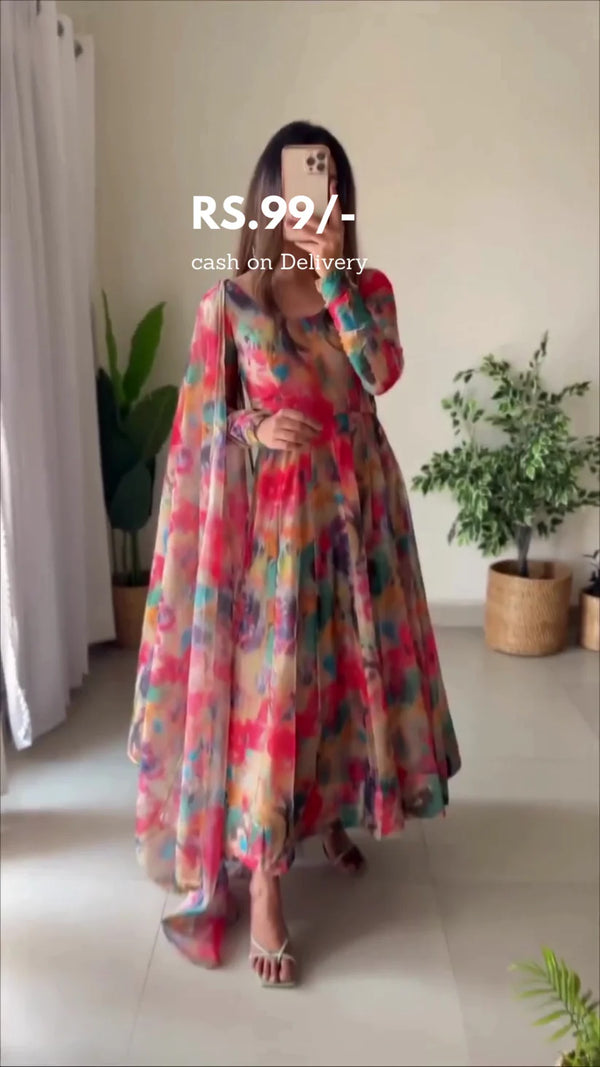 Vibrant Multicolor Floral Print Anarkali Suit with Flowing Flared Silhouette, Matching Sheer Dupatta, and Elegant Full Sleeves – Perfect for Festive, Wedding, and Party Wear