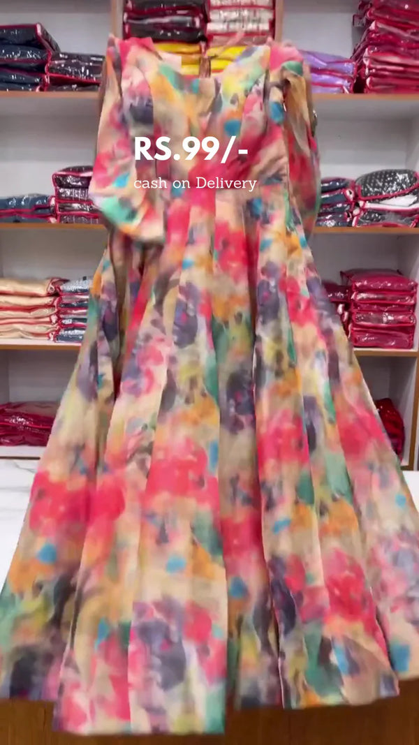 Vibrant Multicolor Floral Print Anarkali Suit with Flowing Flared Silhouette, Matching Sheer Dupatta, and Elegant Full Sleeves – Perfect for Festive, Wedding, and Party Wear