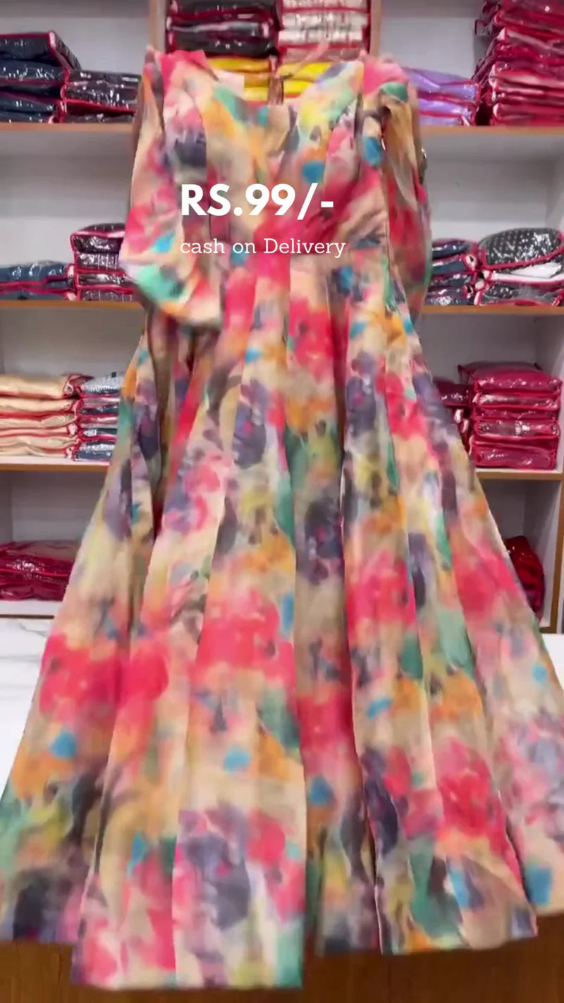 Vibrant Multicolor Floral Print Anarkali Suit with Flowing Flared Silhouette, Matching Sheer Dupatta, and Elegant Full Sleeves – Perfect for Festive, Wedding, and Party Wear