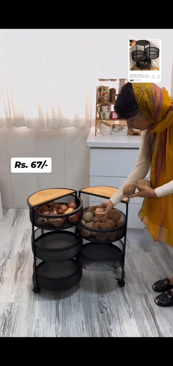 Kitchen Trolley Organizer With Wheels - Round 3-Layer Design for Fruits, Vegetables, and Onion Storage