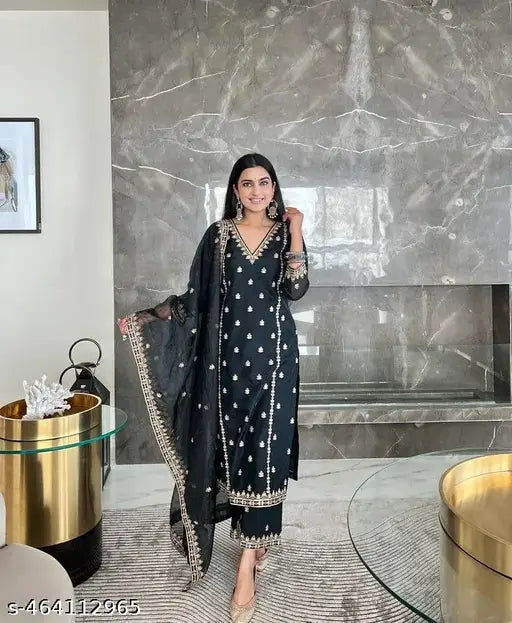 Black silk sequence jari kurta set
