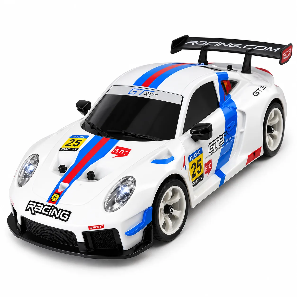 White Racing RC Sports Car with Stripes, Spoiler & Remote Control