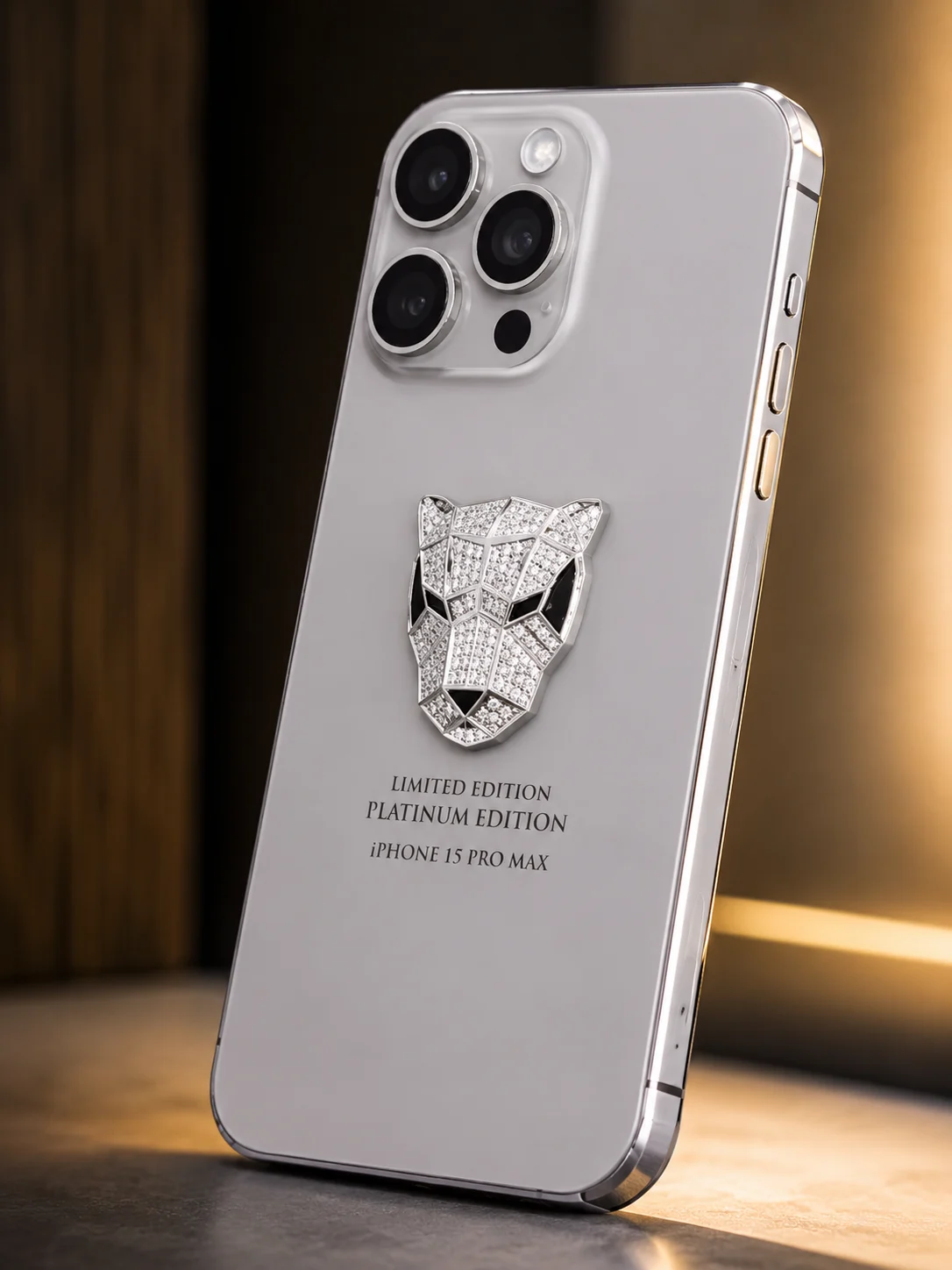 Platinum Grey Triple-Camera Smartphone with Metallic Emblem & Protective Case