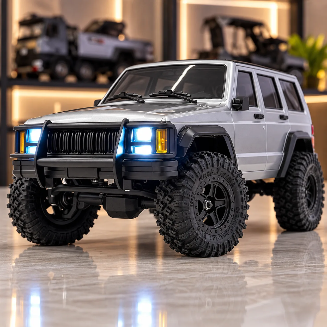 Grey Trail-Ready RC Jeep with Bright LED Headlights & Remote Control