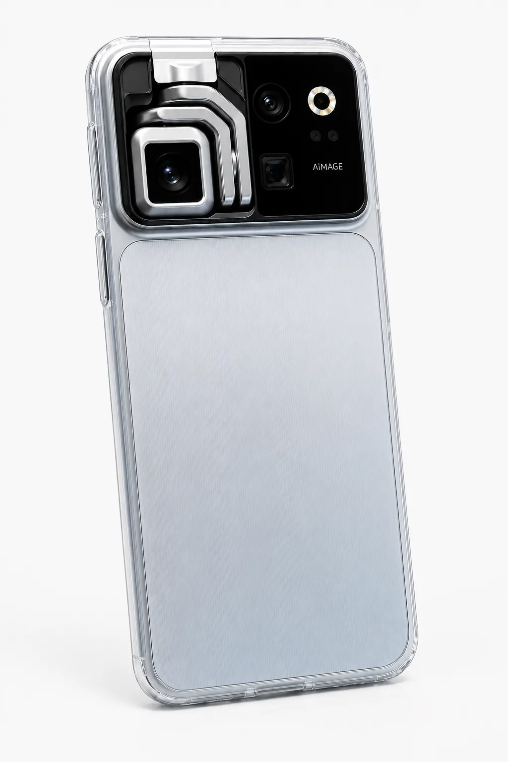 Futuristic Silver Smartphone with Bold Multi-Camera Housing Case