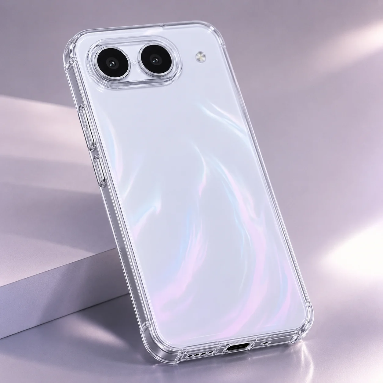 Pearl Glow Dual-Camera Smartphone with Iridescent Finish & Protective Case